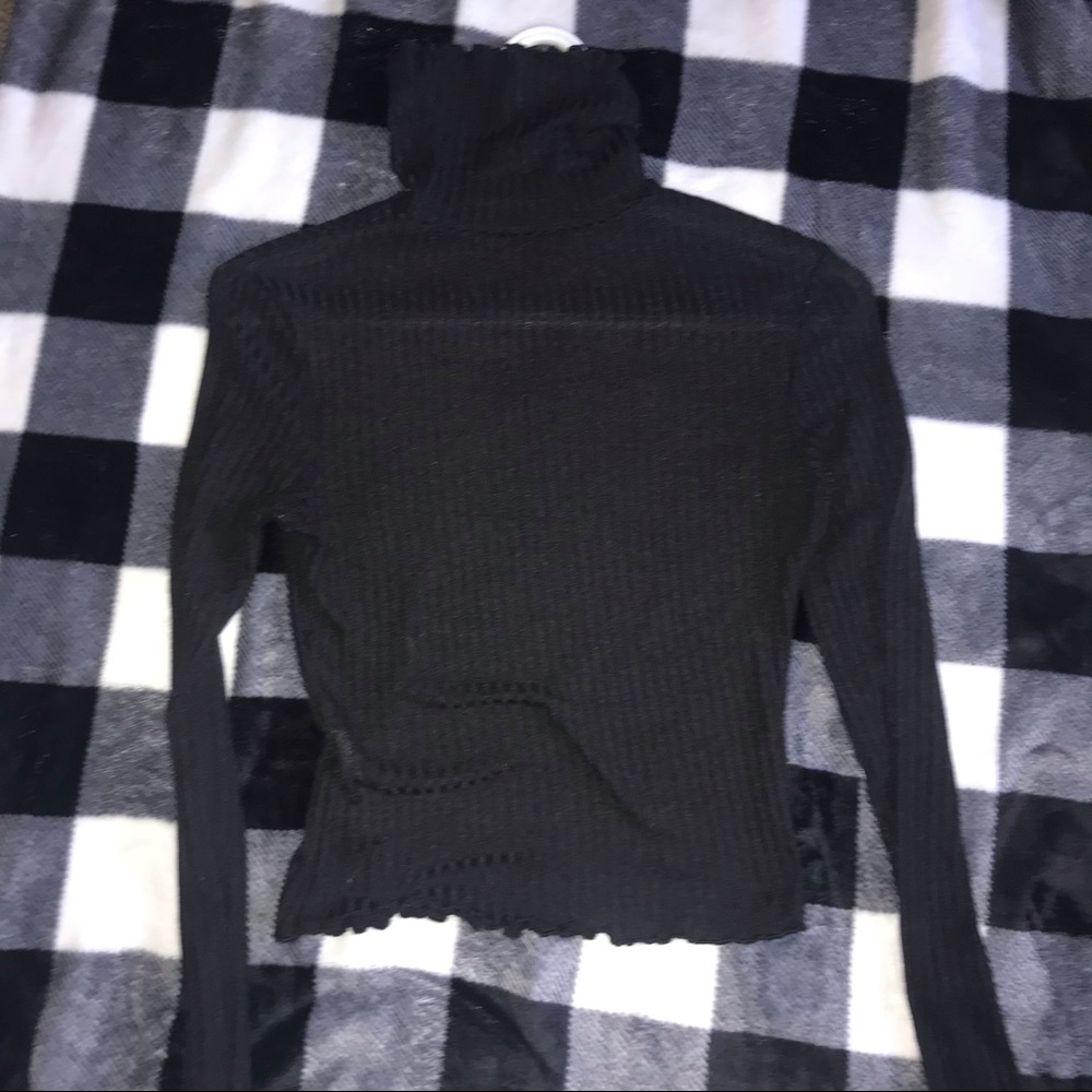 Rib nit lettuce edge black turtleneck long sleeve